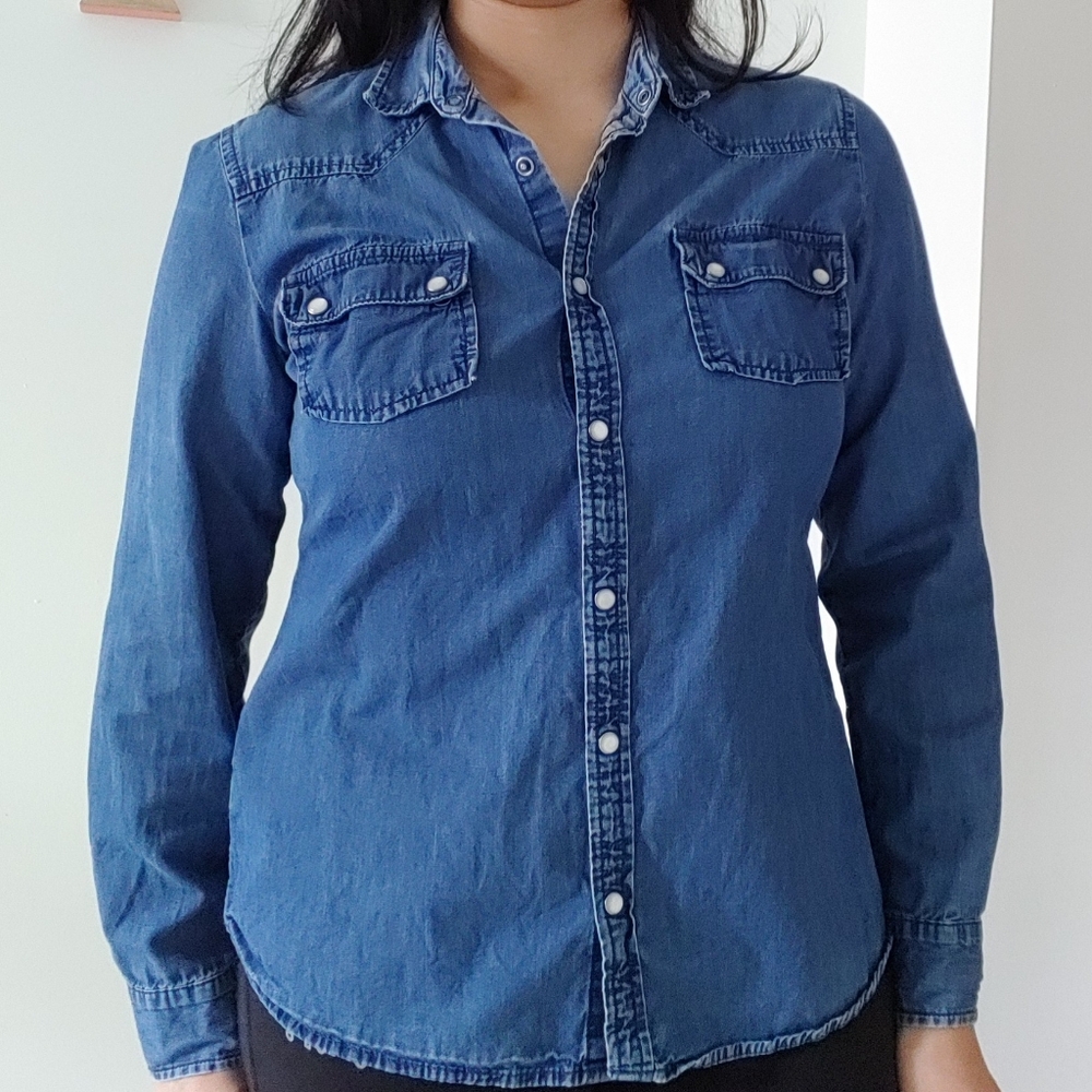 Denim & Co. Women Navy Blue Button-Down Shirt